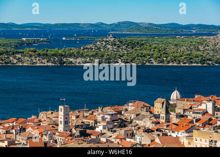 Views of Sibenik's harbour and the Krka River delta from Barone Fortress; Sibenik, Croatia Stock Photo