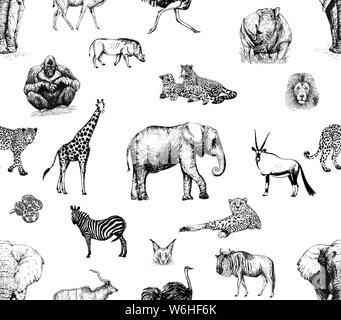 Seamless pattern of hand drawn sketch style wild animals isolated on white background. Vector illustration. Stock Vector