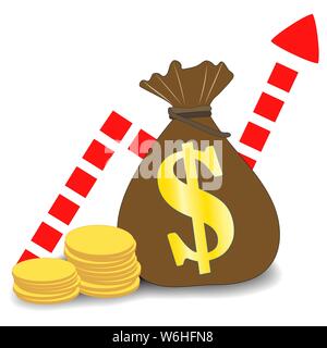 Income growth chart, financial report chart. A bag of money. Dollar gold, coins. Vector Stock Vector