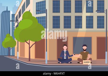 business man drinking coffee talking with beggar sitting on city street hungry sign board begging for help homeless jobless concept building exterior Stock Vector