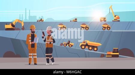 engineers using radio and tablet workers controlling professional equipment working on coal mine extraction industry mining transport concept opencast Stock Vector