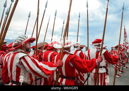 Vevey, Switzerland - Aug 1 2019: Traditional parade on Swiss National Day. National holiday of Switzerland, set on 1st August. Celebration of the founding of the Swiss Confederacy. Independence day. Stock Photo