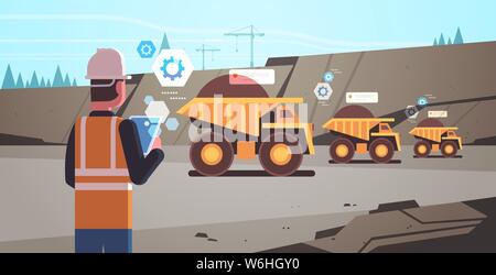 open pit man worker in helmet using mobile app controlling dumper trucks professional equipment working on coal mine production opencast stone quarry Stock Vector
