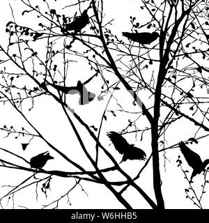 Background illustration with pigeons silhouettes in the trees, vector Stock Vector