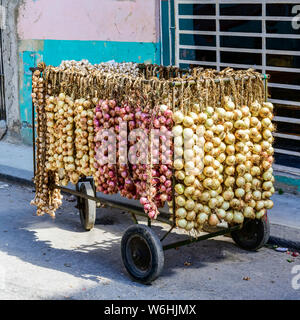 Strings of fresh onions and garlic for sale on a cart in the street; Havana, Cuba Stock Photo