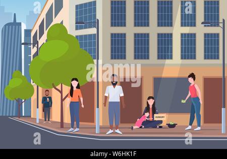 beggar mother with little daughter holding sign board with hungry text tramp woman and child begging for help homeless poverty concept cityscape Stock Vector