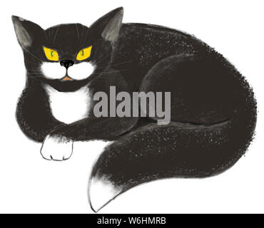 hand draw illustration of a black cat with yellow eyes on a white background