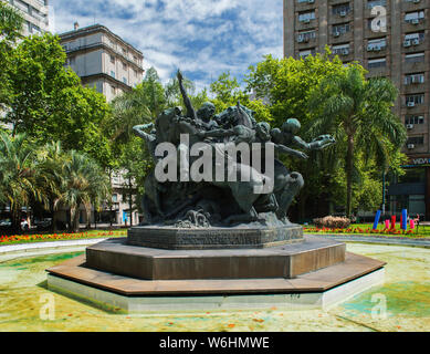 Fountain and Historic Memorial on Juan Pedro Fabini Square, Montevideo, Uruguay Stock Photo