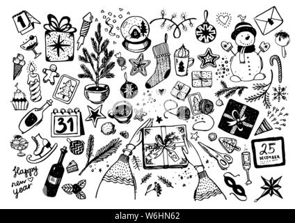 Sketchy vector hand-drawn doodle cartoon set of objects and symbols on New Year and Christmas theme. A large set of festive elements for greeting cards, design, decor, hobbies, scrapbooking. Stock Vector