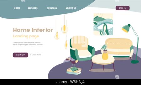 Design template for Landing Page. Homepage. Interior design and decoration concepts. Elements of home interior sofa, floor lamp and paintings. Vector Stock Vector