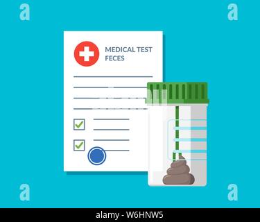 Plastic jar stool feces test analysis and medical form list with results data and approved check mark vector illustration. Flat clinical checklist document. Insurance or medicine examination concept Stock Vector