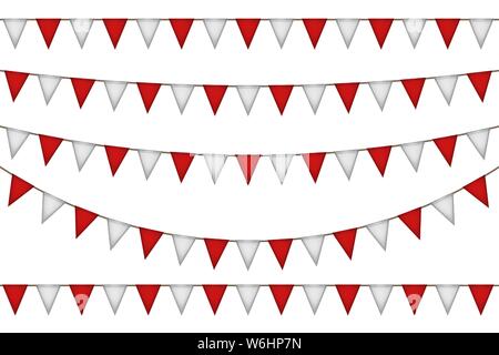 Triangle flag garland. Red and white decoration. Vector illustration. Stock Vector