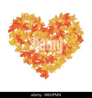 Maple leaves in the shape of heart. Vector illustration. I love autumn. Greeting card. Orange and yellow colors. Stock Vector