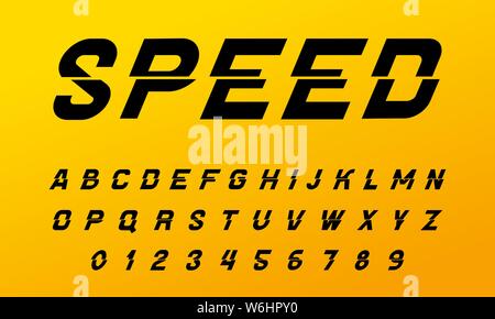 Retro font for posters. Comic alphabet. Vintage Futuristic techno typeface, editable and layered. Vector inscription Speed. modern chrome letters in Stock Vector