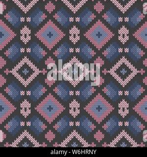 Seamless knitting geometrical vector pattern in blue, pink and black colors as a knitted fabric texture Stock Vector
