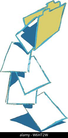 Open yellow  folder rough line drawing with falling pages to the floor. Stock Vector