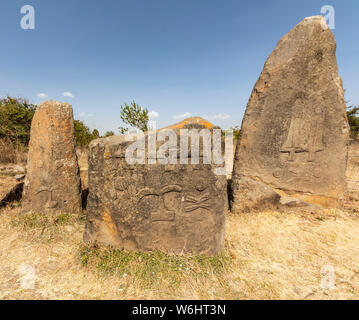 Engraved symbols on Megalithic stelae; Tiya, Ethiopia Stock Photo