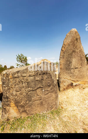 Engraved symbols on Megalithic stelae; Tiya, Ethiopia Stock Photo