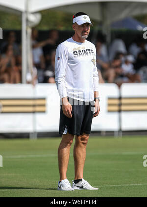 August 1, 2019: New Orleans Saints defensive coordinator Dennis Allen watches as his defensive players go through drills during practice at the Ochsner Sports Performance Center in Metairie, LA. Jonathan Mailhes/CSM Stock Photo