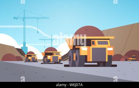 heavy yellow dumper trucks professional equipment working on coal mine production mining transport concept opencast stone quarry background flat Stock Vector