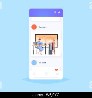teacher with pupil schoolboy speaking at world map geography lesson at school education concept modern classroom full length smartphone screen online Stock Vector
