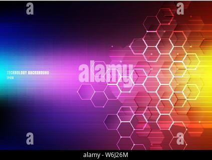 Abstract light hexagons with nodes digital geometric and lines and dots on vibrant color background with horizontal light. Technology connection conce Stock Vector