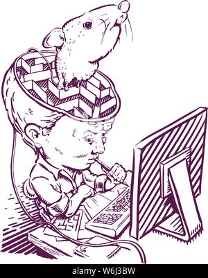 Think brain maze. A mouse navigates a maze contained inside the cross-section of a mans head Stock Vector