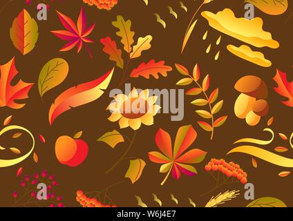 Seamless pattern with stylized autumn items. Falling leaves, berries and plants. Stock Vector
