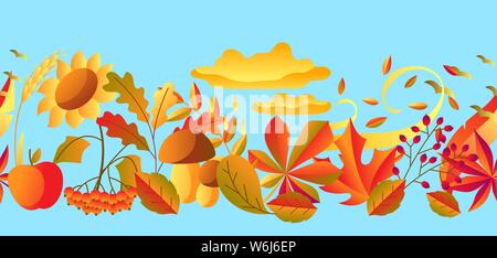Seamless pattern with stylized autumn items. Falling leaves, berries and plants. Stock Vector
