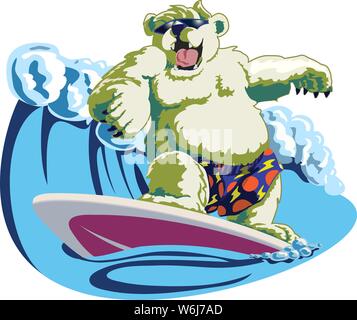 Surfing  polar bear wearing sunglasses and colorful surf board shorts on a purple bottom surf board. Stock Vector