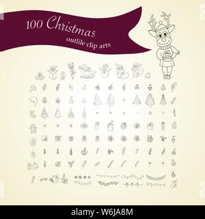 Big Christmas icon set. 100 winter handdrawn icons. Vector logo, emblems, designs. Usable for banners, greeting cards, gifts etc. Stock Vector