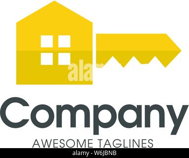 creative square key of real estate logo with modern gold color vector,  key and real estate logo combination Stock Vector