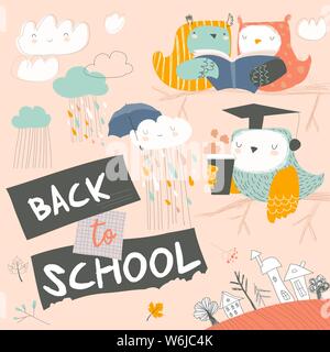 Cute owls sitting on branch with books. Back to school Stock Vector