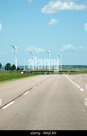 July 26, 2019: Amherst, Nova Scotia - The community wind farm or turbines in Amherst Nova Scotia on a summer day Stock Photo