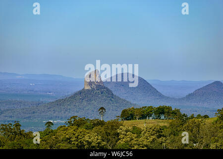View of eroded volcanic peaks of the Glasshouse Mountains, Queensland, QLD, Australia Stock Photo