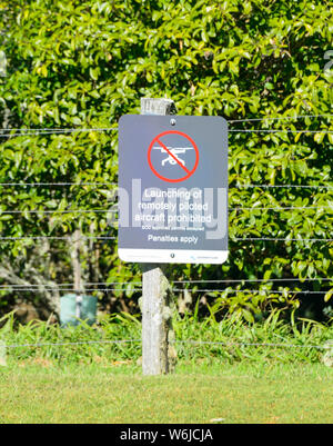 Sign prohibiting launching drones Stock Photo