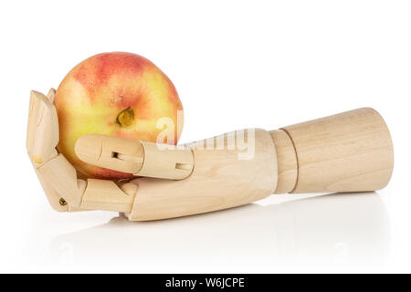 One whole fresh red peach prunus persica platycarpa in wooden hand isolated on white background Stock Photo
