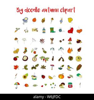 Big set of handdrawn unique autumn icons. Vector doodle illustrations. Perfect for logotypes, autumn cards, apparel design. . Stock Vector
