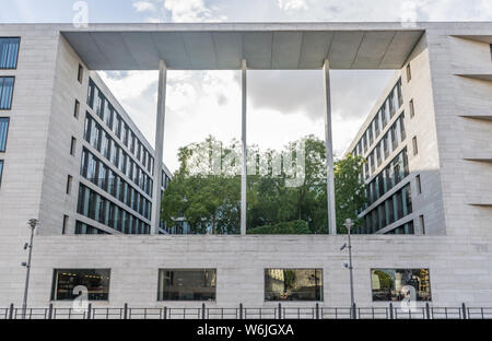 BERLIN, GERMANY - July 28, 2018: Panorama of the symmetrical and square architecture of the Federal Foreign Office of Germany, located in the Stock Photo