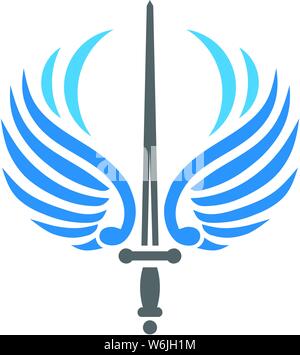 creative sword with bird wings, battle and security metaphor logo vector concept Stock Vector