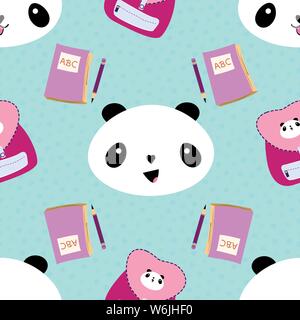Cute Kawaii style laughing pandas, backpacks, notebooks and pencils. Seamless vector pattern on confetti textured blue background. Great for children Stock Vector