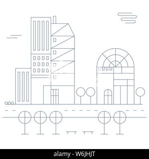 Vector illustration. Line city scene with buildings, trees, roads and sky. Stock Vector