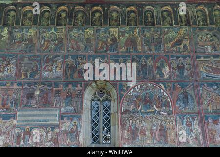 Wall frescos, monastery Humor, monastery church Adormirea Maicii Domnului, Orthodox convent, Unesco world cultural heritage, Moldau monastery, Gura Stock Photo