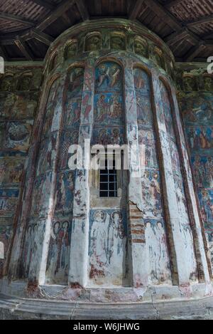 Wall frescoes at Humor Monastery, Adormirea Maicii Domnului Monastery Church, Orthodox Convent, Unesco World Heritage Site, Moldavian Monasteries Stock Photo