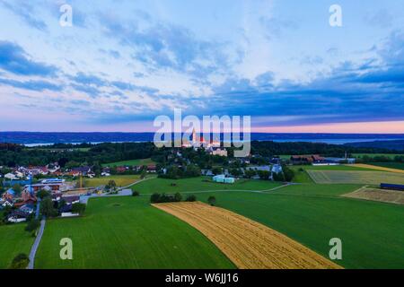 Andechs Monastery, aerial view at sunrise, Lake Ammer at the back, Funfseenland, Pfaffenwinkel, Upper Bavaria, Bavaria, Germany Stock Photo