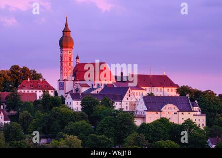 Monastery Andechs at sunrise, Funfseenland, Pfaffenwinkel, Upper Bavaria, Bavaria, Germany Stock Photo