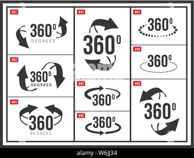 Angle 360 degrees view sign icon. Vector illustration set Stock Vector