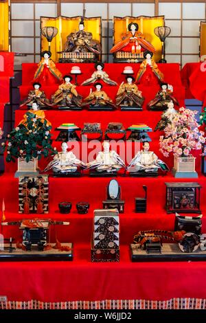 Hinamatsuri, doll festival, girl festival, Japanese festival, dolls dressed in traditional kimonos and emperor, empress, servants and musicians in Stock Photo
