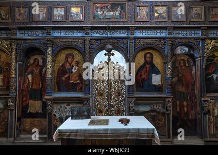 Altar room with golden door, Orthodox church St. George, around 1500, wooden church, Drochobytsch, Ukraine Stock Photo