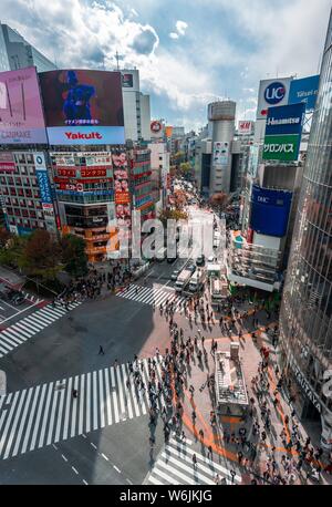 Crowd of people crossing with zebra crossing and traffic, from above, Shibuya Crossing, Udagawacho, Shibuya, Tokyo, Japan Stock Photo